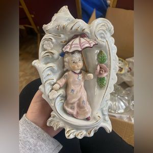 Vintage Japan figurine girl umbrella vase.